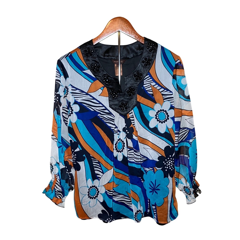 Multiples Blouse Women Medium Retro Blue Orange  Beaded V-Neck Abstract Floral